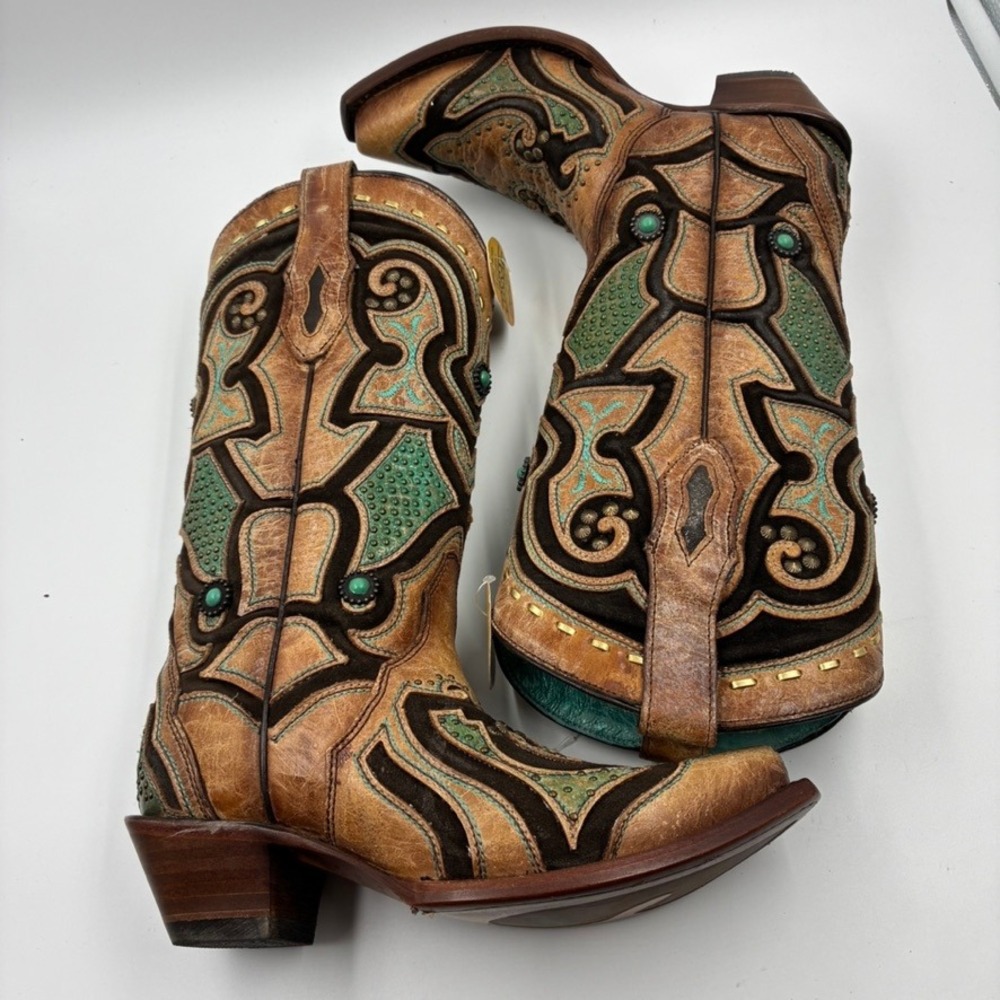 Corral Boots Women's Saddle Brown Teal Leather Inlay Western Snip Toe 6 M - Picture 9 of 16